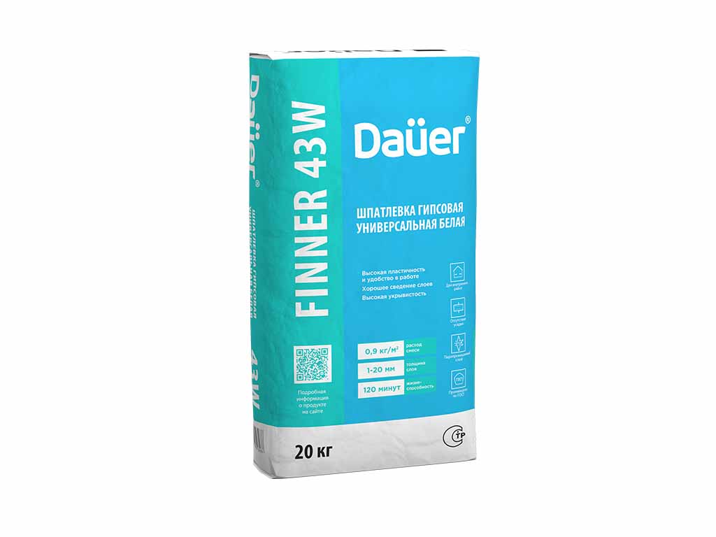 Шпатлевка гипсовая выравнивающая Dauer FINNER INTER 43 W, белая, 20 кг