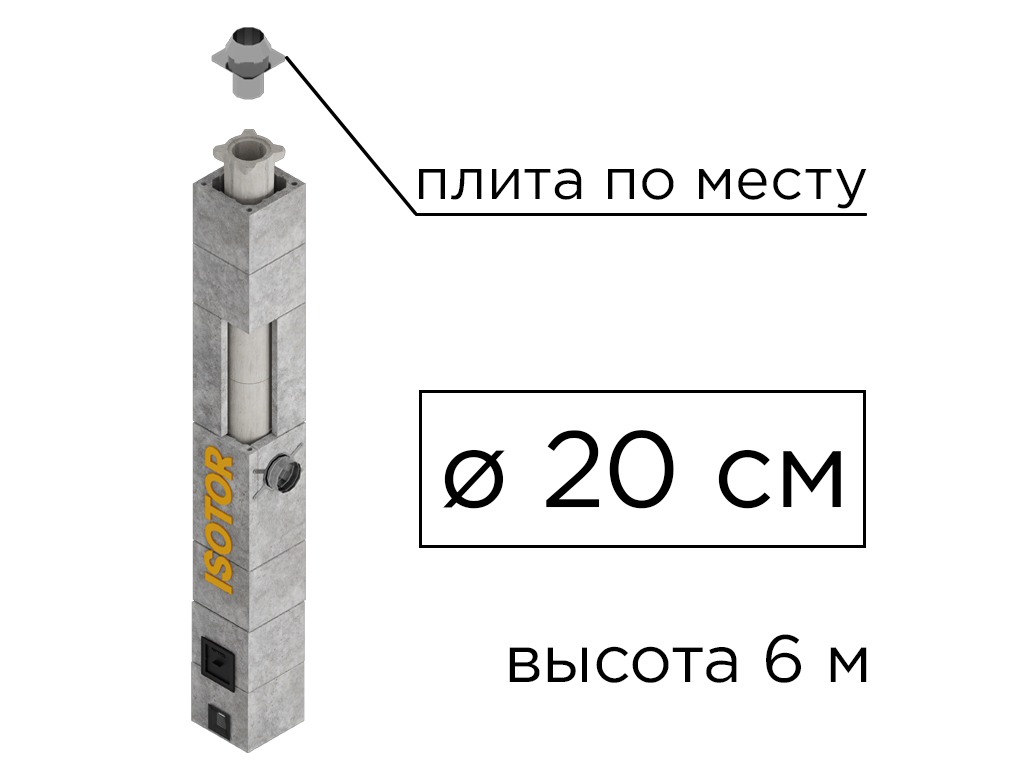 Дымоходная система ISOTOR 20 верхний комплект плита по месту, D 200 мм, высота 6 м