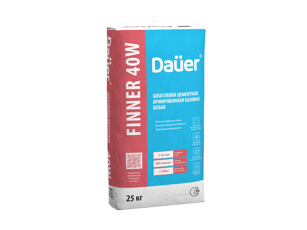 Шпатлевка цементная армированная базовая Dauer FINNER 40 W, белая, 25 кг