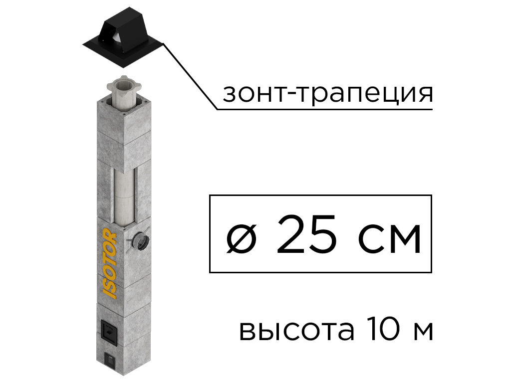 Дымоходная система ISOTOR 25 верхний комплект зонт-трапеция, D 250 мм, высота 10 м