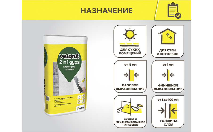 Штукатурка гипсовая weber.vetonit 2 in 1 gyps, 30 кг