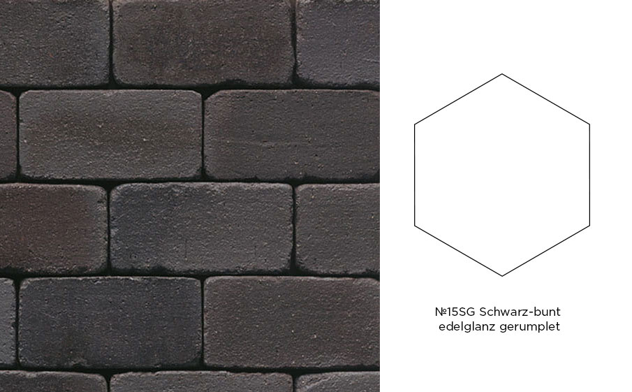 Клинкерная брусчатка Muhr №15SG Schwarz-bunt edelglanz gerumpelt, гексагон 200*52 мм