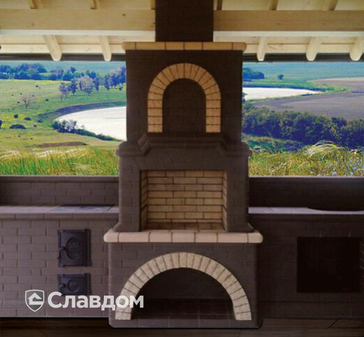 Камин с облицовкой полнотелым кирпичом КС-Керамик 1НФ Лотос и Темный шоколад